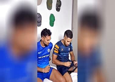 buddies stroking together with a pussy toy