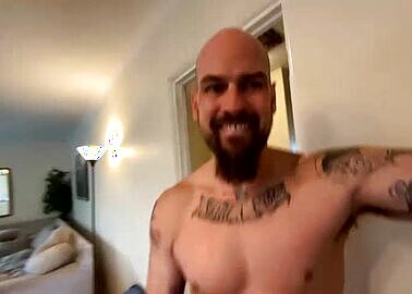 Bearded Tattooed Man Stroking Big Boner