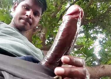 Indian Guy Stroking His Big Brown Uncut Cock Outdoors